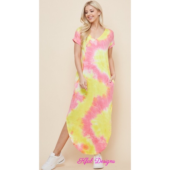 💗LAST 1! V Neck Tie Dye Maxi Dress w/Side Slits! - Picture 2 of 8